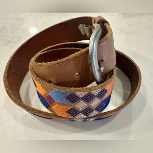 Fossil Brown Leather and Embroidered Belt with Silver Buckle